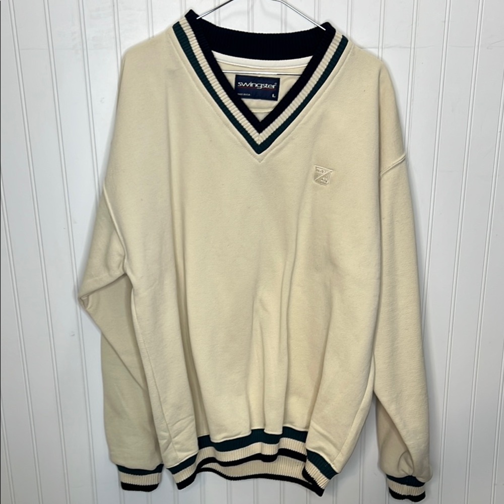 - Swingster Cream V-Neck Sweatshirt with Striped Accents Size Large